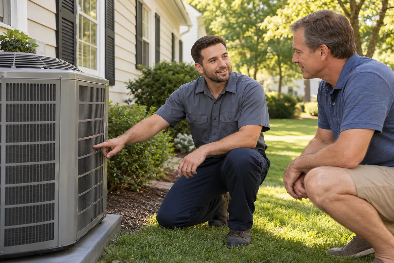 A friendly HVAC provider explaining an outdoor air conditioner to a homeowner in Hampstead